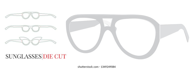 Paper Glasses Template, Vector with die cut  laser cut layers. Sunglasses mock up,  Party Eye Glasses. Cut and Fold. White, blank, isolated Party Sun Glasses on white background, perspective view