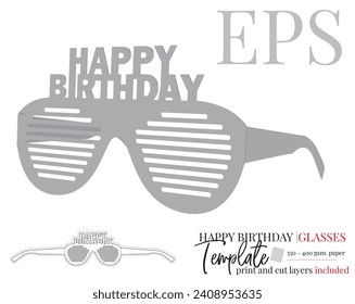 Paper Glasses Template, Vector with die cut, laser cut layers. Sunglasses mock up, Party Eye Glasses. Cut and Fold. White, blank, isolated Party Sun Glasses on white background, perspective view