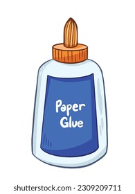 Paper glue with white, orange, and blue colors vector illustration bottle isolated on vertical white background. Simple flat outlined cartoon art styled drawing.