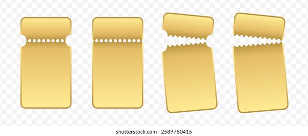 Paper gold coupon set. Golden ticket mockup collection. Luxury blank form for discount. Torn and damaged admission pass. Vector