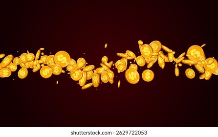 Paper Golden Cash Vector Red Background. Shiny Finance Flying Card. Metal Jackpot Design. Cartoon Coin Certificate.