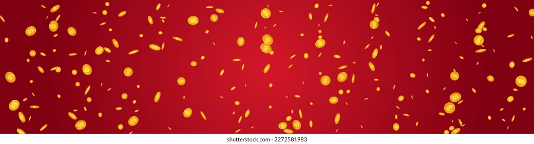 Paper Golden Dollar Vector Red Panoramic Background. Shiny Finance Flying Magazine. Gold Currency Flyer. Cartoon Coin Template.
