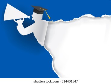 Paper Graduate with megaphone.
Blue Graduation background with Paper graduate holding a megaphone with place for your text or image. Vector available.
