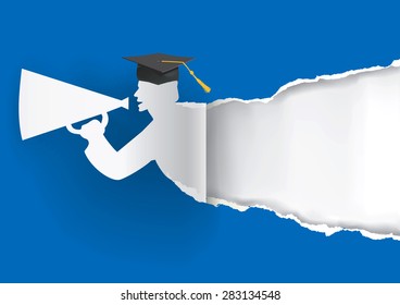 Paper graduate ripping paper. Blue Graduation background with Paper graduate ripping paper with place for your text or image.Vector illustration.