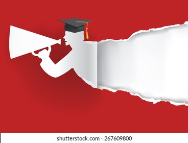 Paper graduate ripping paper.
Red Graduation background with Paper graduate ripping paper with place for your text or image.Vector illustration.