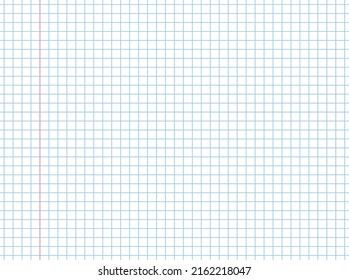 Paper with graph grid. Square grid pattern for school notebook. Blue texture on white background. Sheet with blue checkered and red line for memo, school and architect. Vector.