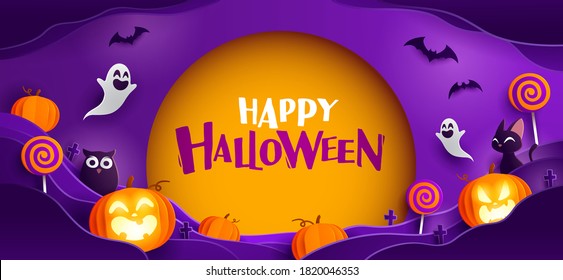 Paper Graphic of Happy Halloween fun party celebration background design. Halloween elements.