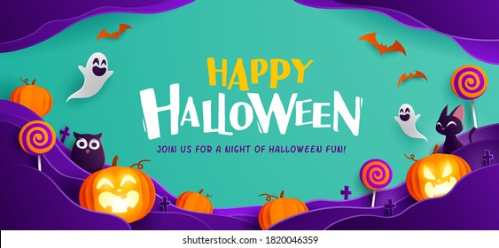 Paper Graphic of Happy Halloween fun party celebration background design. Halloween elements.