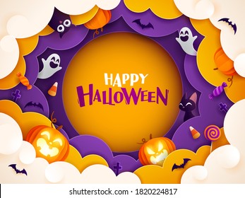 Paper Graphic of Happy Halloween fun party celebration background design. Halloween elements.