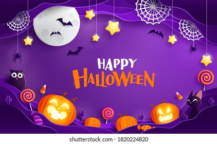 Gráfico de papel del diseño de fondo de celebración de la fiesta de Feliz Halloween. Elementos de Halloween.