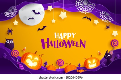 Paper Graphic Of Happy Halloween Fun Party Celebration Background Design. Halloween Elements.