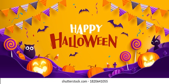 Paper Graphic of Happy Halloween fun party celebration background design. Halloween elements.