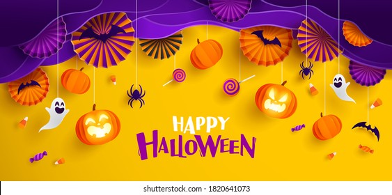 Paper Graphic of Happy Halloween fun party celebration background design. Halloween elements.