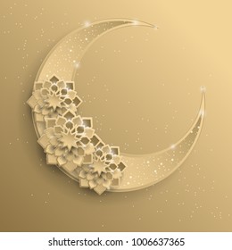 Paper graphic of islamic crescent moon, star shape. Islamic decoration. Golden moon and stardust. Ramadan Kareem - glorious month of Muslim year. Modern 3d paper cut concept