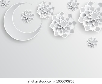 Paper graphic of islamic crescent moon, star shape. Islamic decoration. Ramadan Kareem - glorious month of Muslim year. Modern 3d paper cut concept