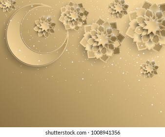 Paper graphic of islamic crescent moon, star shape. Islamic decoration. Golden moon and stardust. Ramadan Kareem - glorious month of Muslim year. Modern 3d paper cut concept