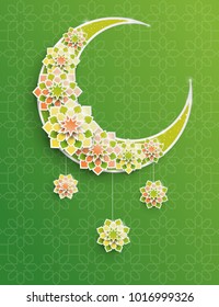 Paper graphic of islamic crescent moon, star shape. Islamic decoration. Ramadan Kareem - glorious month of Muslim year. Modern 3d paper cut concept