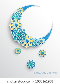 Paper graphic of islamic crescent moon, star shape. Islamic decoration. Ramadan Kareem - glorious month of Muslim year. Modern 3d paper cut concept