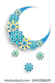 Paper graphic of islamic crescent moon, star shape. Islamic decoration. Ramadan Kareem holiday background. Blue and yellow