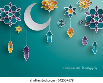 Paper graphic of Islamic decoration. Geometry art, Crescent moon and Arabic lantern. Ramadan Kareem - Glorious month of Muslim year.