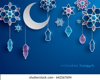 Paper graphic of Islamic decoration. Geometry art, Crescent moon and Arabic lantern. Ramadan Kareem - Glorious month of Muslim year.