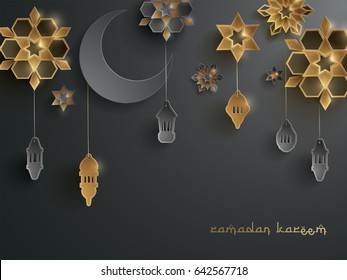 Paper graphic of Islamic decoration. Geometry art, Crescent moon and Arabic lantern. Ramadan Kareem - Glorious month of Muslim year.