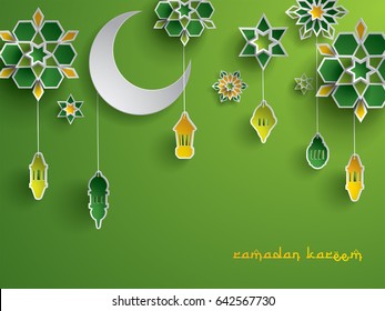 Paper graphic of Islamic decoration. Geometry art, Crescent moon and Arabic lantern. Ramadan Kareem - Glorious month of Muslim year.