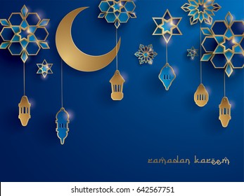 Paper graphic of Islamic decoration. Geometry art, Crescent moon and Arabic lantern. Ramadan Kareem - Glorious month of Muslim year.