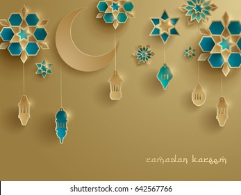 Paper graphic of Islamic decoration. Geometry art, Crescent moon and Arabic lantern. Ramadan Kareem - Glorious month of Muslim year.