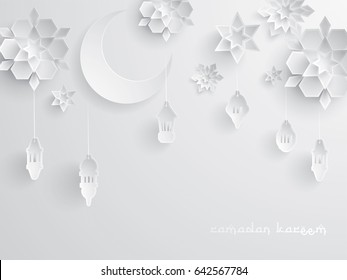 Paper Graphic Of Islamic Decoration. Geometry Art, Crescent Moon And Arabic Lantern. Ramadan Kareem - Glorious Month Of Muslim Year.