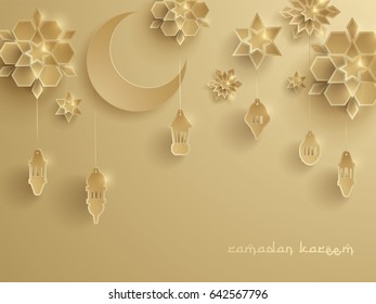 Paper graphic of Islamic decoration. Geometry art, Crescent moon and Arabic lantern. Ramadan Kareem - Glorious month of Muslim year.