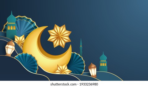 Paper graphic of islamic festival design with crescent moon and islamic decorations.