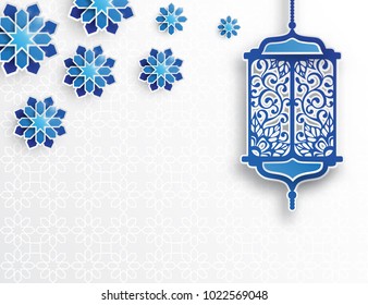 Paper graphic of islamic lantern and stars. Islamic decoration. Ramadan Kareem - glorious month of Muslim year. Modern 3d paper cut concept