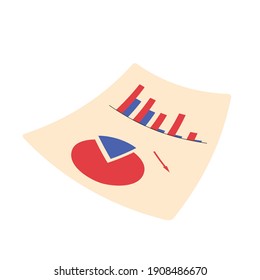 Paper with graphics, analitic data isolated on white background. Vector flat illustration. 