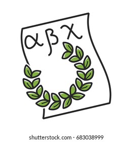 Paper with Greek alphabet and green laurel wreath