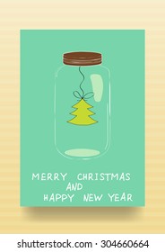 Paper green Christmas tree inside a glass jar. Christmas background. Creative Christmas card. Vector illustration