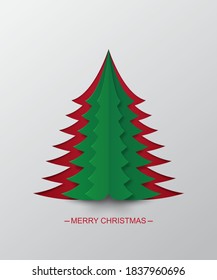 Paper Green christmas tree on red background for celebration xmas and new year illustration