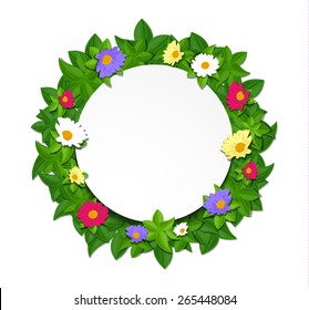 Paper green leaves and colorful flowers with white circle sticker. vector eps10.