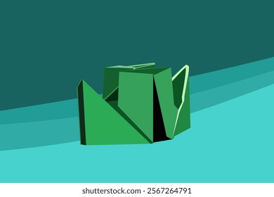 Paper green steamboat floating on dark dark water. Children's paper puzzle. Dark waves. Vector illustration.
