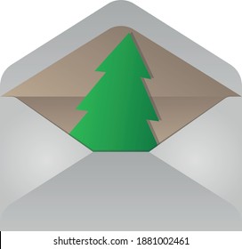 paper green tree in opened envelope, christmas symbol or ecology vector element