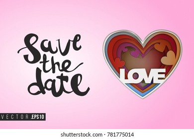 Paper greeting card with colorful love heart and text: save the date. Paper cut heart for bridal, wedding, engagement, valentines day. Vector art in 3d papercut style.