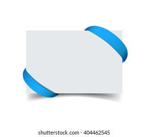 Paper greeting card with curved blue gift ribbon on corners isolated on white. Realistic vector illustration of white paper note card with ribbon with space for text. Gift card for sale promo