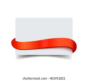 Paper greeting card with curved red gift ribbon isolated on white. Realistic vector illustration of white paper note card with ribbon with space for text. Gift card for sale promo and advertising