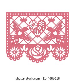 Paper greeting card with cut out flowers, Doves and heart. Papel Picado vector template design isolated on white background. Traditional Mexican paper garland.