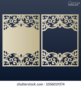Paper greeting card with lace border. Wedding invitation or greeting card template. Openwork photo frame. Suitable for laser or die cutting.