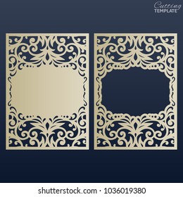 Paper greeting card with lace border. Wedding invitation or greeting card template. Openwork photo frame. Suitable for laser or die cutting.