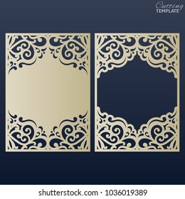 Paper greeting card with lace border. Wedding invitation or greeting card template. Openwork photo frame. Suitable for laser or die cutting.