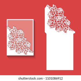 Paper greeting card with lace border pattern of roses. Cut out template for cutting. Suitable for laser cutting. Laser cut envelope template for invitation wedding card