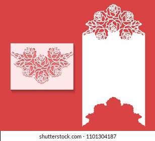 Paper greeting card with lace border pattern of roses. Cut out template for cutting. Suitable for laser cutting. Laser cut envelope template for invitation wedding card