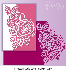 Paper greeting card with lace border, pattern of roses. Cut out template for cutting. Suitable for laser cutting.